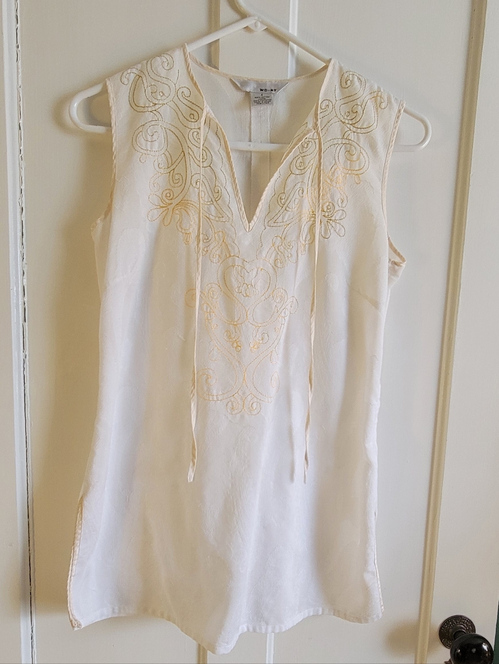 Embroidered Sleeveless Tunic Top in Cream with Gold Accents